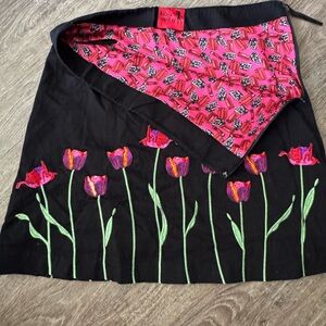 Black A-Line Skirt with Embroidered Tulips